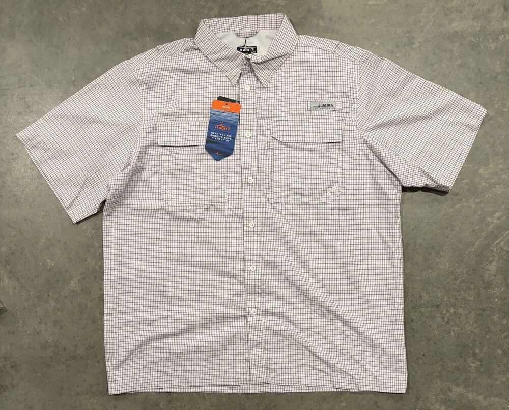 NWT Habit Mens Dockside White Red Blue Check Short Sleeve Fishing Shirt XL